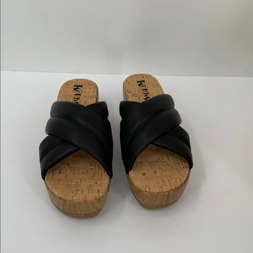 Korks Faithe slide platform wedge sandal black slide criss cross wood heel new 6